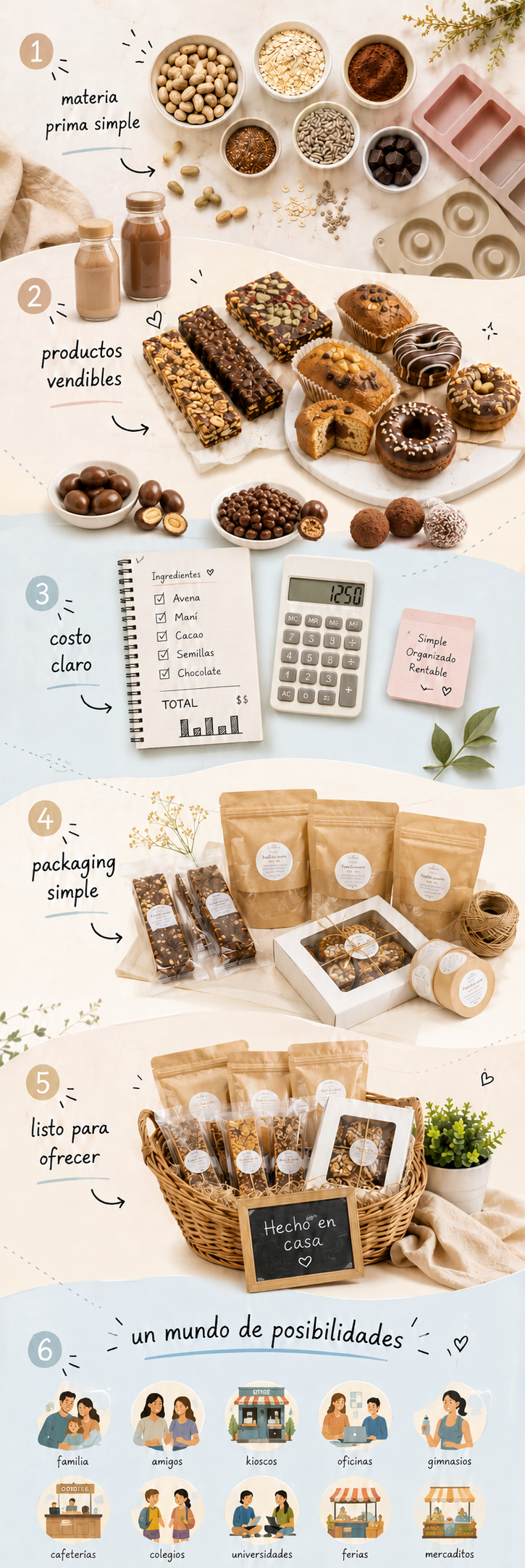 Proceso simple de emprendimiento con snacks, budines, donas, costos, packaging y puntos de venta