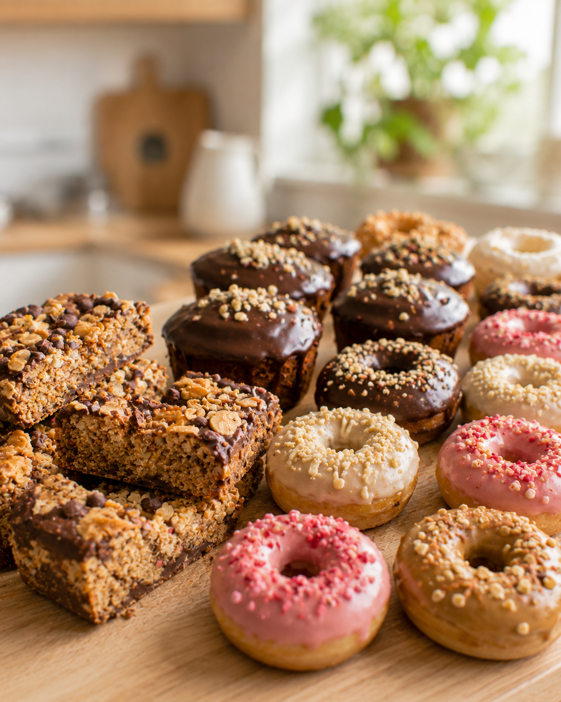 Barras de cereal con maní y chocolate, mini budines bañados y mini donas glaseadas, productos listos para vender
